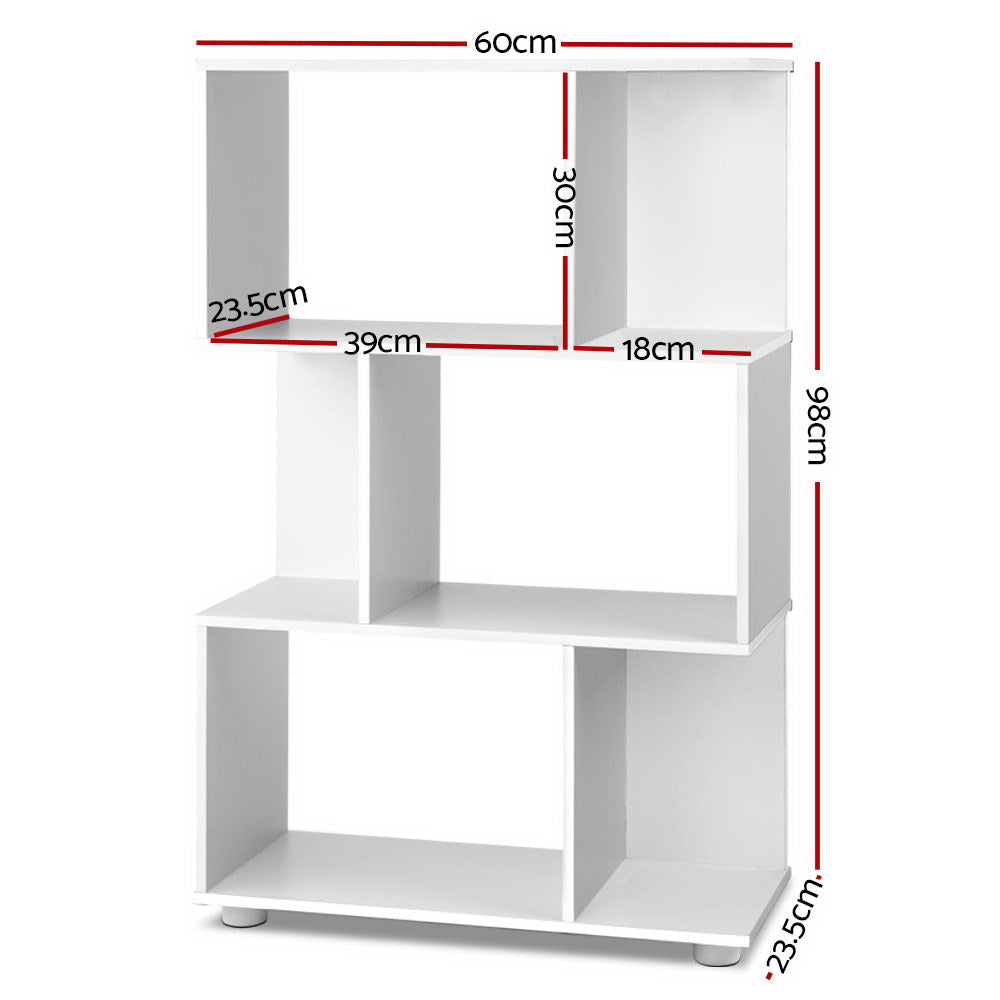 Artiss Bookshelf 3 Tiers – White Zig-Zag Display Shelf for Home & Office