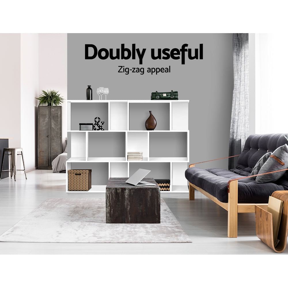 Artiss Bookshelf 3 Tiers – White Zig-Zag Display Shelf for Home & Office