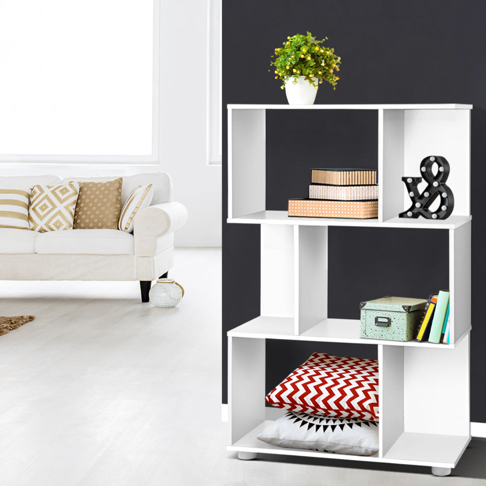 Artiss Bookshelf 3 Tiers – White Zig-Zag Display Shelf for Home & Office