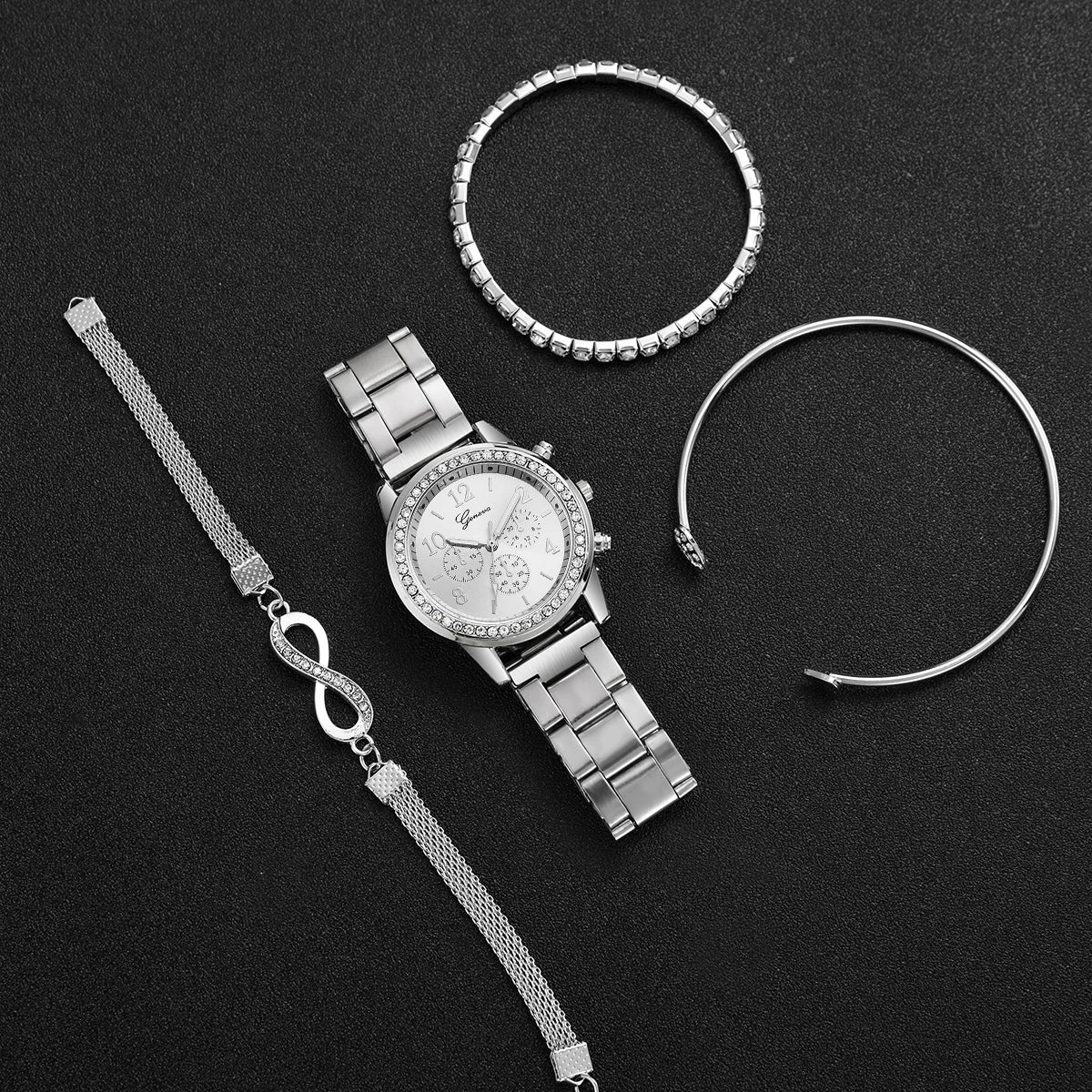 4PCS/Set Fashion Rhinestone Women Watches Luxury Steel Band Ladies