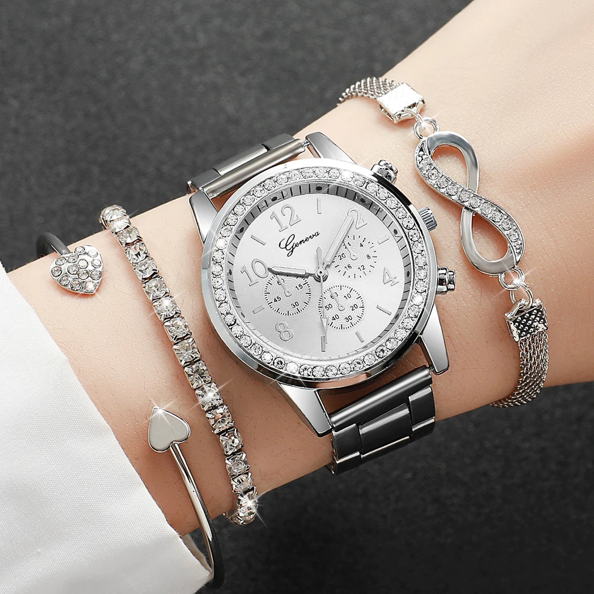 4PCS/Set Fashion Rhinestone Women Watches Luxury Steel Band Ladies