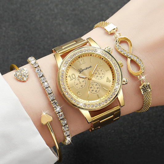 4PCS/Set Fashion Rhinestone Women Watches Luxury Steel Band Ladies