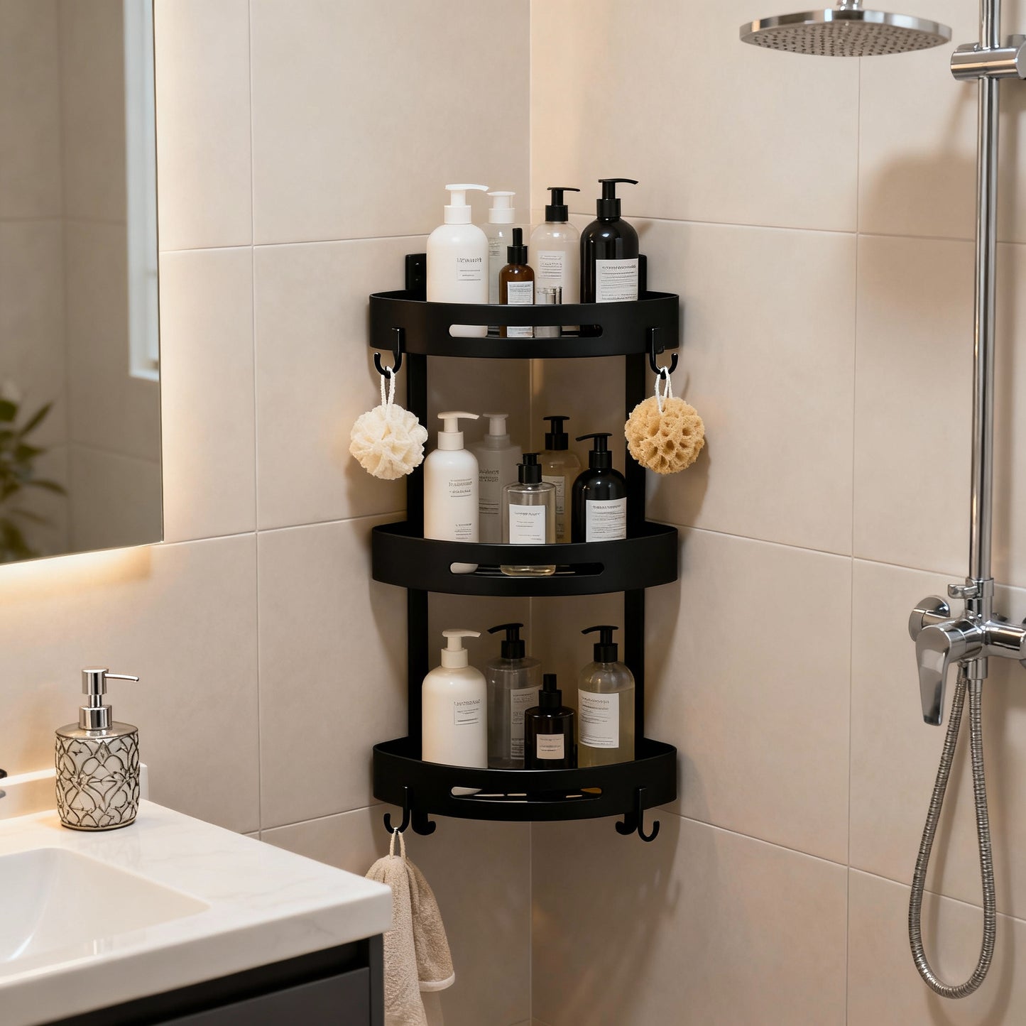 Three layers of elegant black Premium No-Drill Corner Shower Caddy - Thickened ABS Bathroom Storage Shelf with Hooks, Quick Wall Mount Organiser