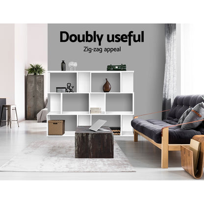 Artiss Bookshelf 3 Tiers – White Zig-Zag Display Shelf for Home & Office