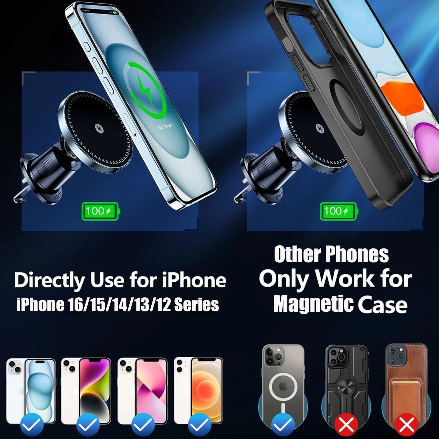 Magnetic Wireless Car Phone Charger Adapter 15W Air Vent Car Phone