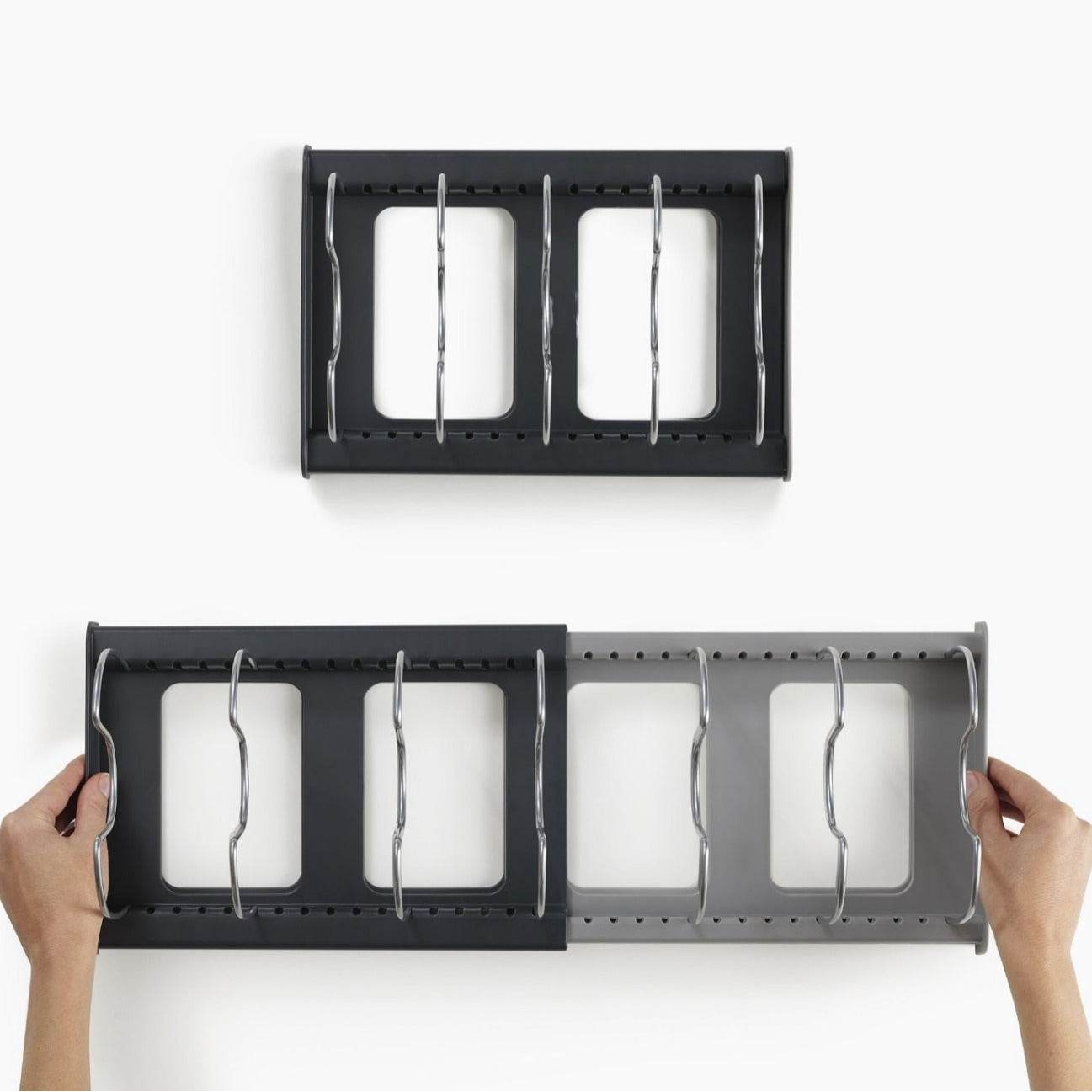 Grey Expandable Pan & Pot Lid Organizer Rack - Adjustable Kitchen Cabinet Storage Holder for Bakeware & Cutting Boards