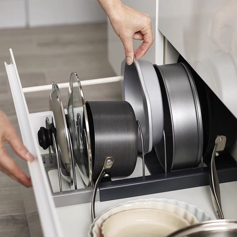 Grey Expandable Pan & Pot Lid Organizer Rack - Adjustable Kitchen Cabinet Storage Holder for Bakeware & Cutting Boards