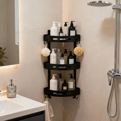 Three layers of elegant black Premium No-Drill Corner Shower Caddy - Thickened ABS Bathroom Storage Shelf with Hooks, Quick Wall Mount Organiser